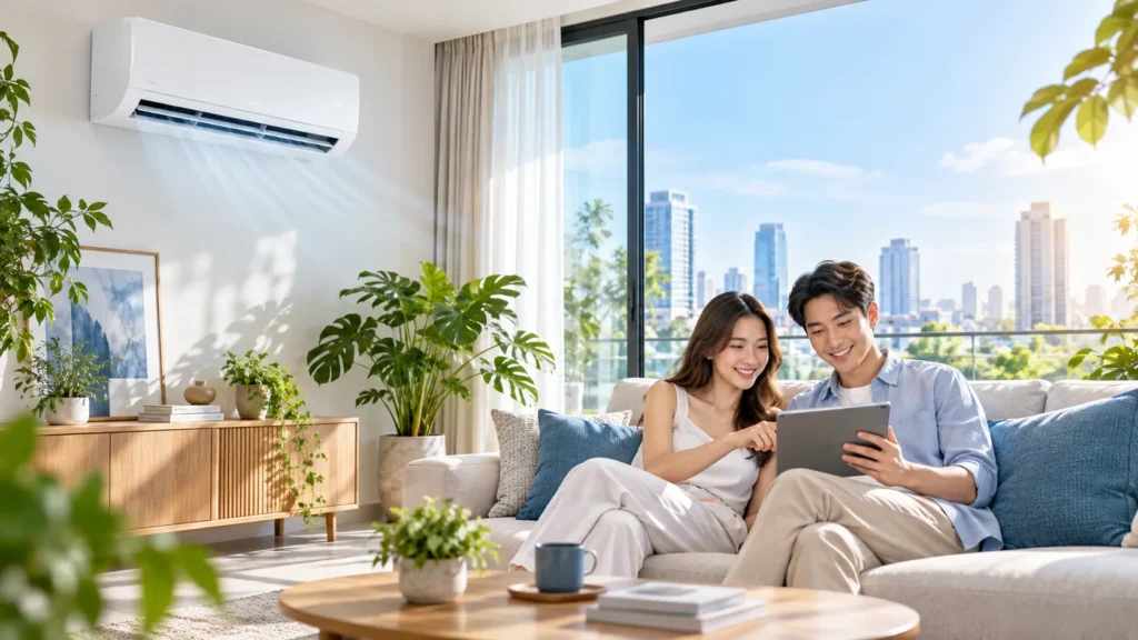 คู่รักกำลังเลือกเครื่องปรับอากาศติดผนังสำหรับบ้านในปี 2026
