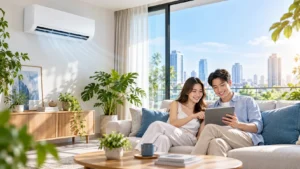 คู่รักกำลังเลือกเครื่องปรับอากาศติดผนังสำหรับบ้านในปี 2026