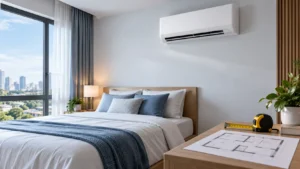ห้องนอนติดเครื่องปรับอากาศ 12000 BTU พร้อมอุปกรณ์วัดขนาดห้อง