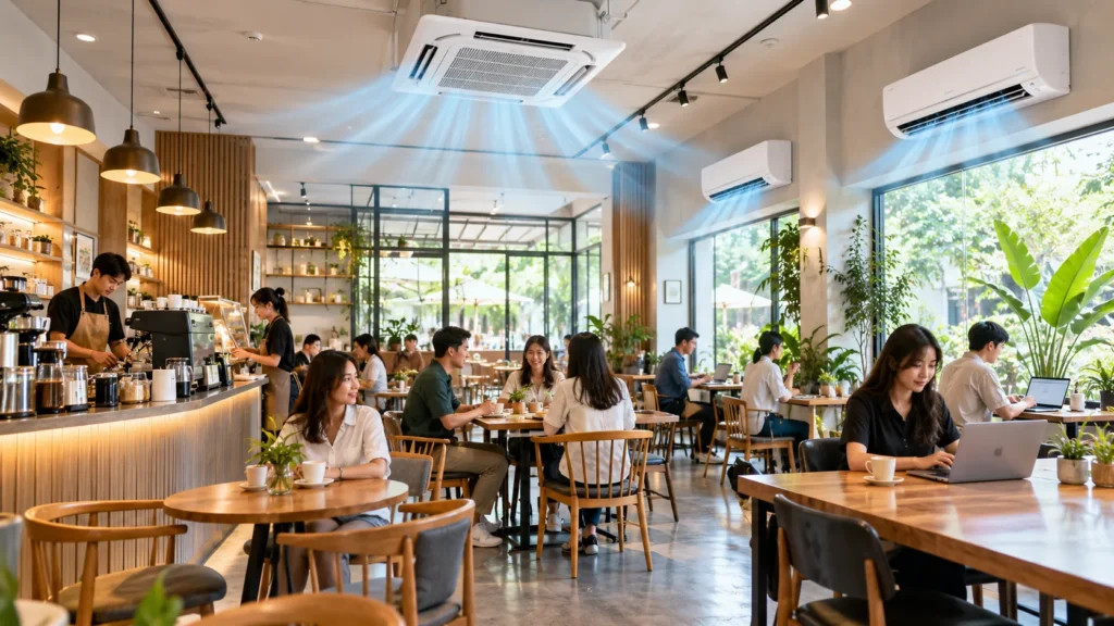 คาเฟ่และพื้นที่ทำงานที่ติดแอร์ฝังฝ้าและแอร์ติดผนัง