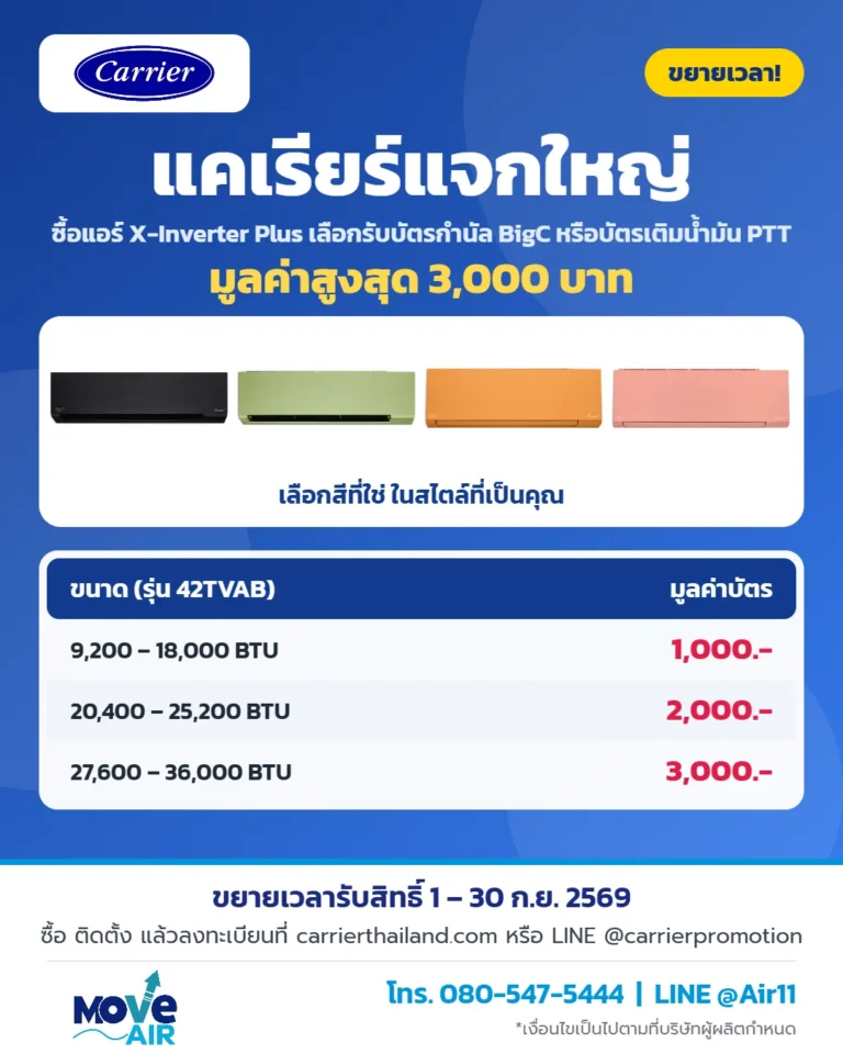โปรโมชั่นแคเรียร์แจกใหญ่ X-Inverter Plus รับบัตรกำนัลสูงสุด 3,000 บาท ถึง 30 ก.ย. 2569 | มูฟแอร์ Move-air
